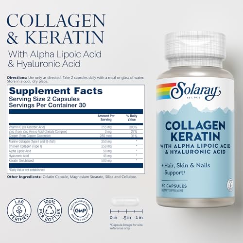 Solaray Collagen Keratin with Alpha Lipoic Acid and Hyaluronic Acid - Type I, II and III Collagen Pills - Hair, Skin, Nails, and Joint Health Support - 30 Servings, 60 Capsules