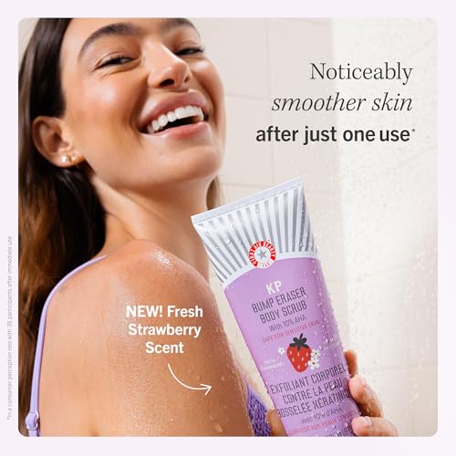 First Aid Beauty - KP Bump Eraser Body Scrub with 10% AHA, Keratosis Pilaris Exfoliator with Glycolic and Lactic acids, Helps Reduce Chicken Skin Bumps, Safe for Sensitive Skin, Strawberry Scent, 8 oz
