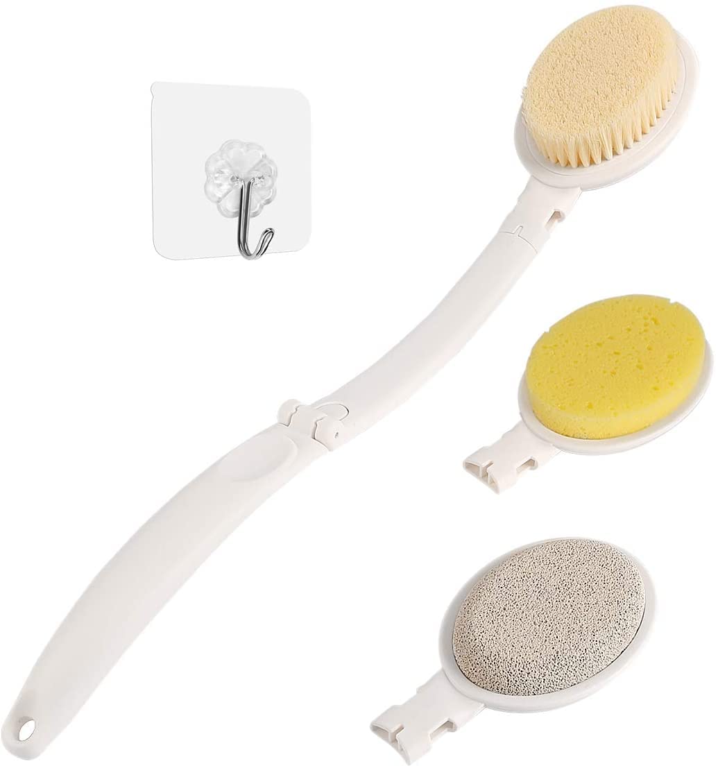 LFJ Bath Body Brush Set with Long Handle, 3 in 1 Foldable Shower Brush Back Scrubber with Brush Sponge Pumice Head for Bath and Shower, Exfoliating or Dry Skin Brushing