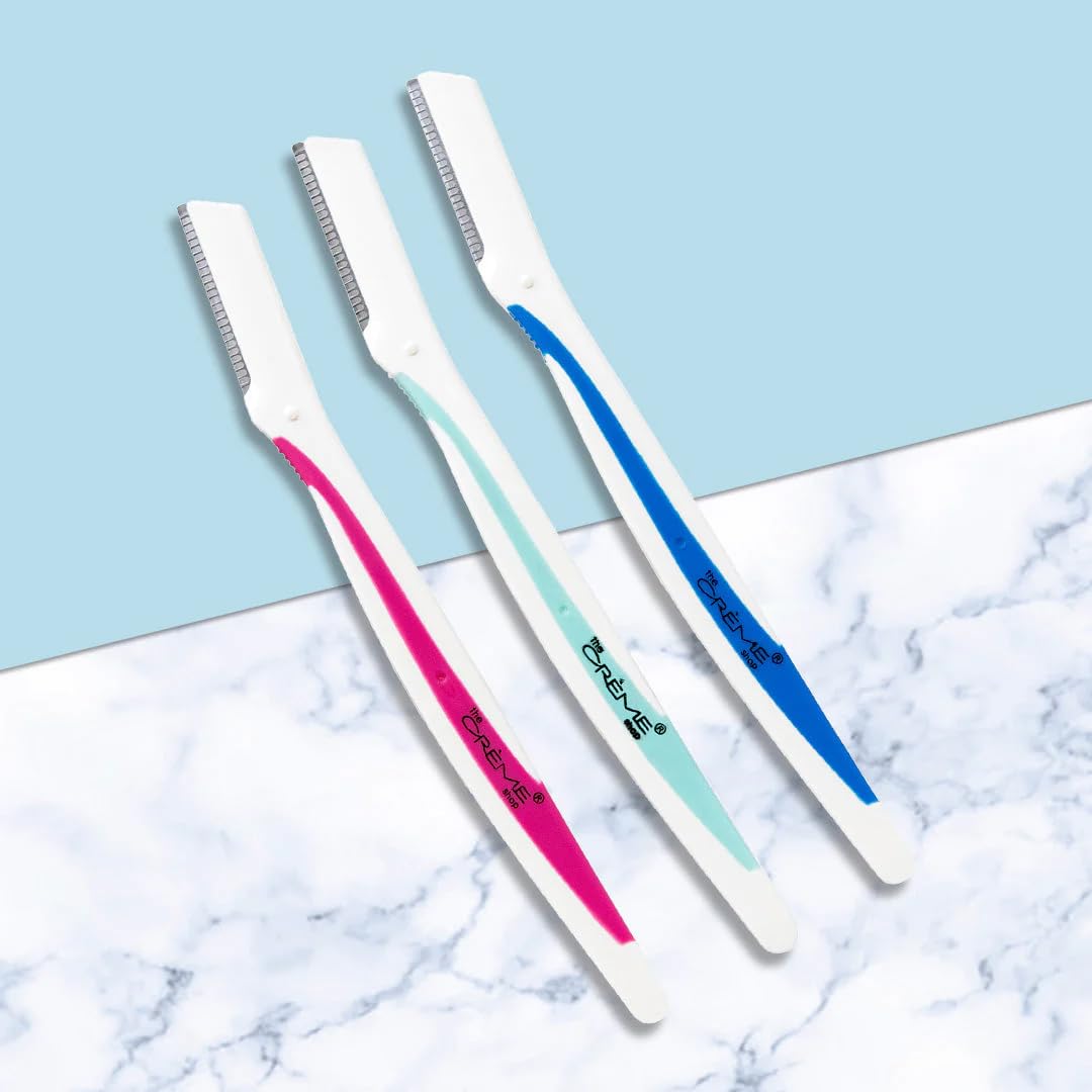 The Crème Shop Fuzz Off! Angled Brow Razors | Dermaplaning Tool for Face | Face Razors for Women | Stocking Stuffers for Women (Pack of 3)