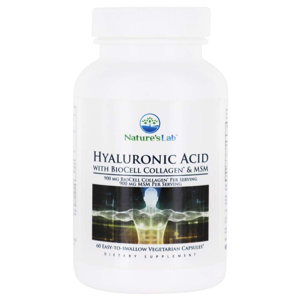 Nature's Lab Hyaluronic Acid with Biocell Collagen and MSM - Skin Hydration, Joint Health - 60 Capsules (20 Day Supply)