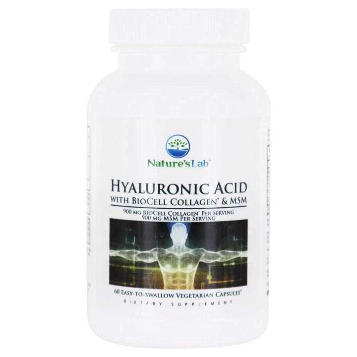 Nature's Lab Hyaluronic Acid with Biocell Collagen and MSM - Skin Hydration, Joint Health - 60 Capsules (20 Day Supply)