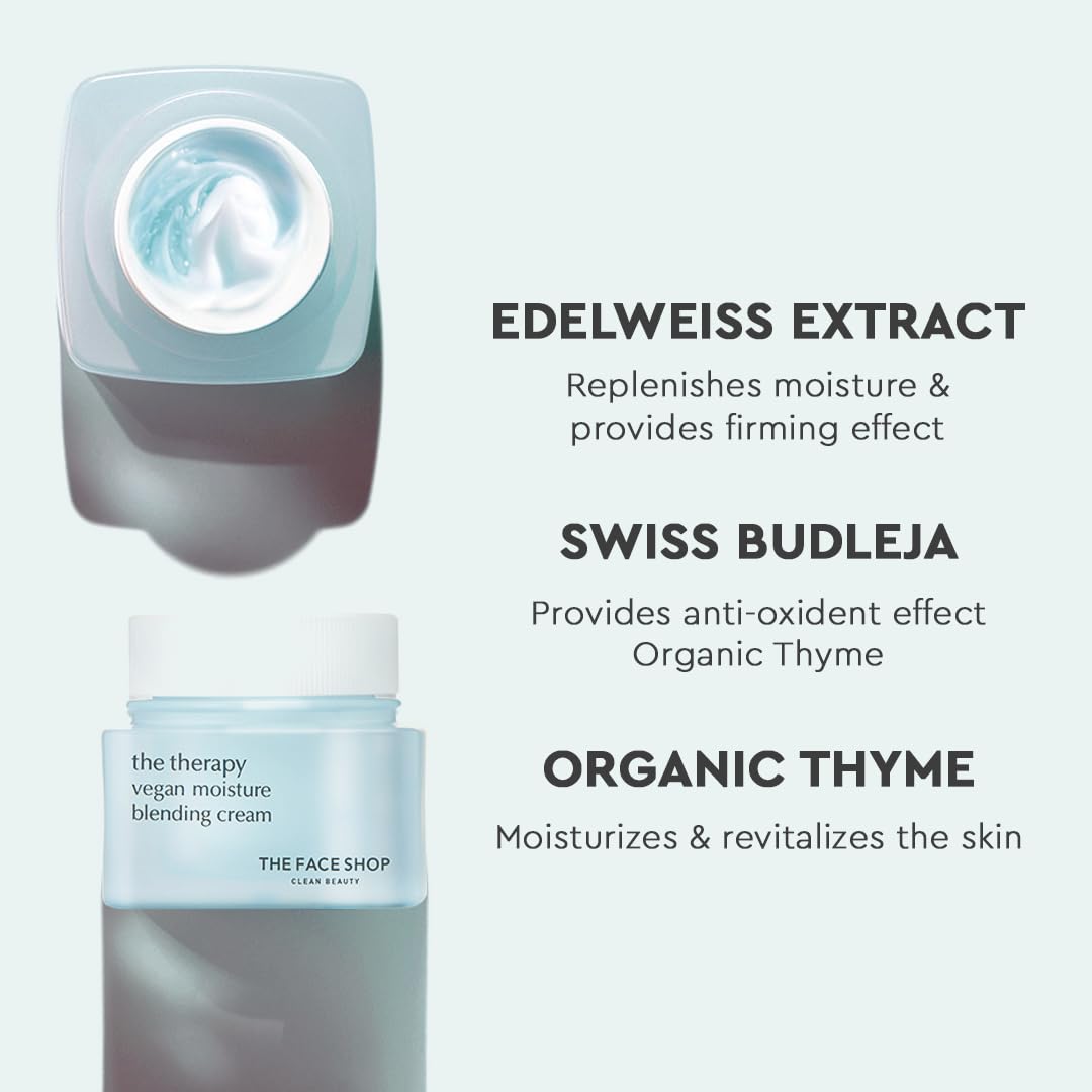 THE FACE SHOP The Therapy Vegan Moisture Blending Cream | Vegan Moisturizer | Cooling | Hydrating | Skin-Friendly | 2-in-1 Gel & Cream | K-Beauty