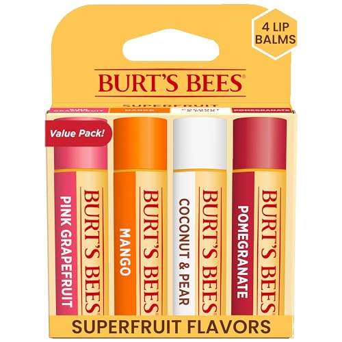 Burt's Bees Lip Balm - Pink Grapefruit, Mango, Coconut & Pear, and Pomegranate Pack, Lip Moisturizer With Beeswax, Tint-Free, Natural Origin Conditioning Treatment, 4 Tubes, 0.15 oz.