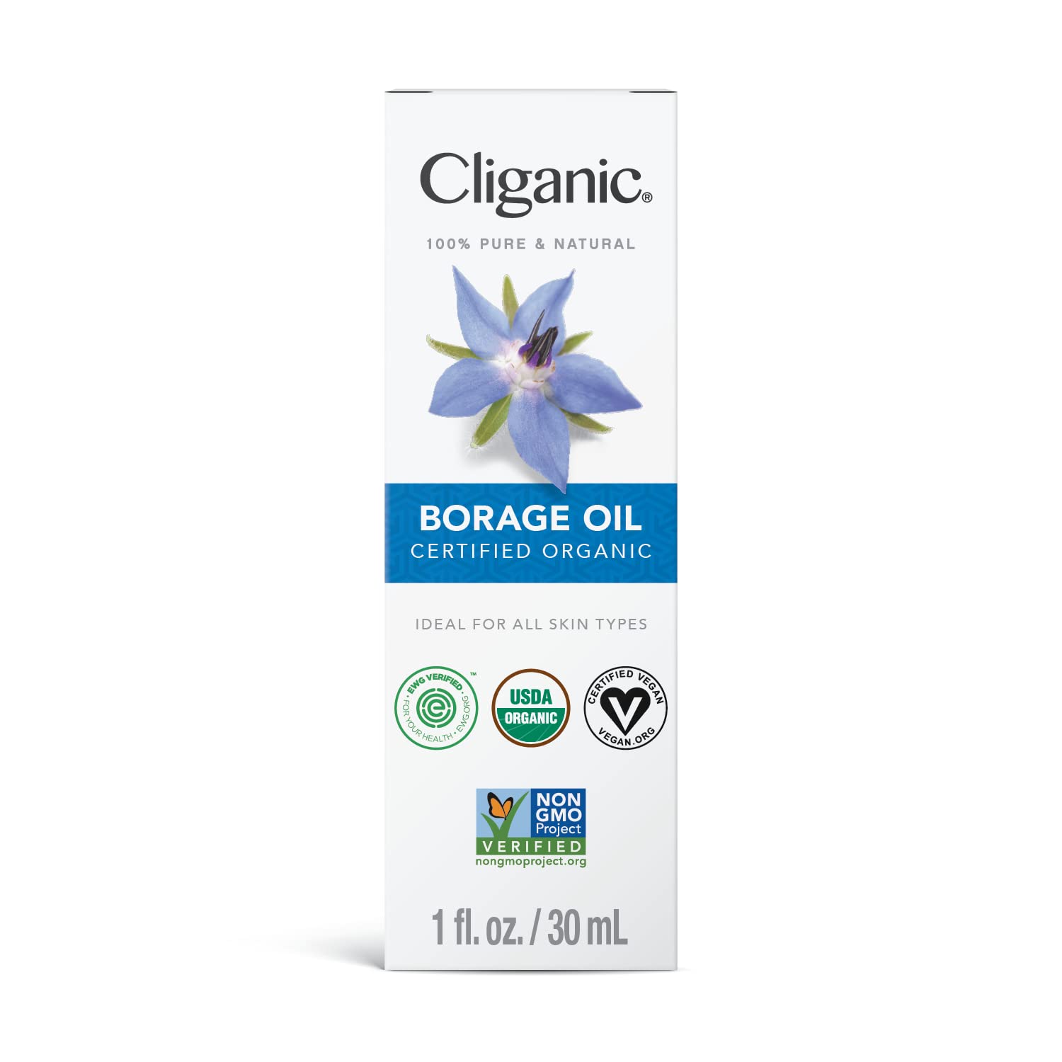 Cliganic Organic Borage Seed Oil for Face, 100% Pure (1oz) - Natural Non-GMO Cold Pressed