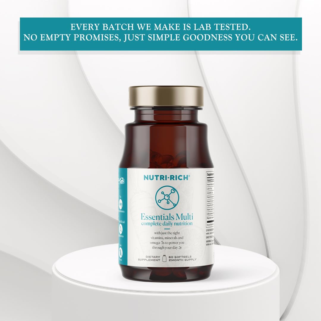 Nutri-Rich Essentials Multi | Multivitamin for Adults Softgel with Iron Nutritional Support with Lutein, Energy, K2 for Bone Health, Vitamin D3, Minerals, and Sustainable Omega-3 EPA + DHA (60 Count)