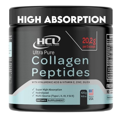 Collagen Peptides Powder with Vitamin C & Hyaluronic Acid - Organic Cleanest Sources & Super High Absorption - Hydrolyzed Multi Type I, II, III, V, X - Skin Hair Joint Supplement Made in USA
