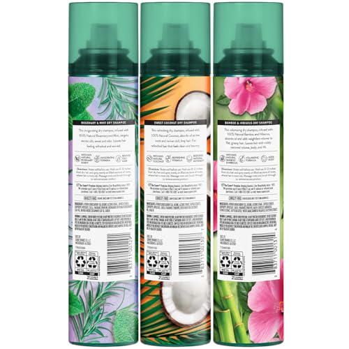 Suave Dry Shampoo Spray Variety 3-Pack – Invigorating Rosemary & Mint, Volumizing Bamboo & Hibiscus + Refreshing Sweet Coconut, 4.3 Oz Ea