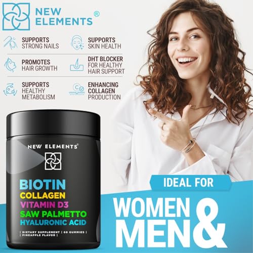 Biotin Gummies with Collagen Vitamin D3 Saw Palmetto & Hyaluronic Acid for Hair Skin and Nails, Hair Growth Supplement for Men & Women | Non-GMO | Gluten-Free | Natural Pineapple Flavor