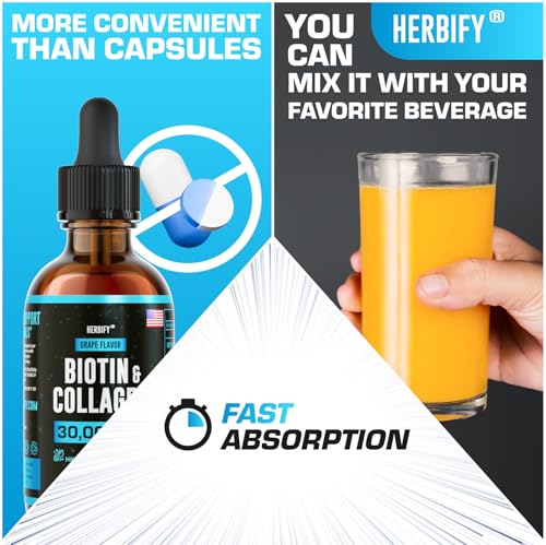 HERBIFY Collagen and Biotin Liquid Drops - Faster Absorption Joint Health Supplement for Hair Growth and Stronger Nails - Hair Skin and Nails Vitamins for Women and Men - B7 Supplement - Made in USA