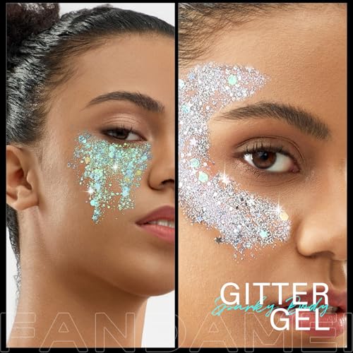 FANDAMEI Face Glitter, Body Glitter for Women, 2 Glitter Palette 8 Colors Glitter Gel for Face, Hair Glitter & Face Glitter for Kids, Fairy Rave Mermaid Glitter Makeup, Glitter for Face, Face Sparkles
