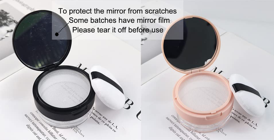 AKOAK 2 Pcs Capacity 20 ml(0.67 oz) Empty Reusable Plastic Loose Powder Compact Container DIY Makeup Powder Case with Sponge Powder Puff,Mirror and Elasticated Net Sifter (Large mesh face)