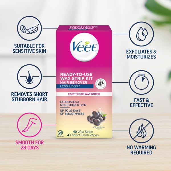 VEET Ready To Use Wax Strips Legs & Body 40 ea (Pack of 2)