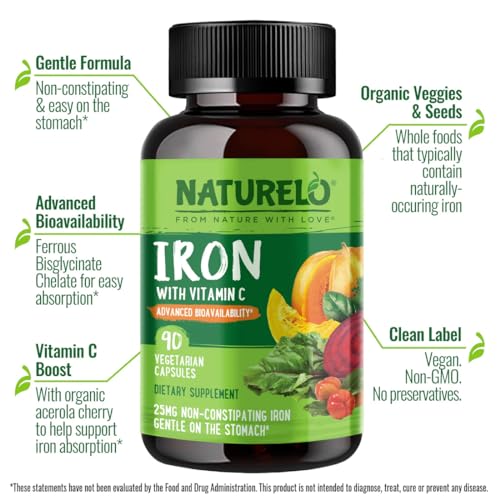 NATURELO Vegan Iron Supplement with Vitamin C and Organic Whole Foods - Gentle Pills for Women & Men w/Iron Deficiency Including Pregnancy, Anemia Diets 90 Mini Capsules