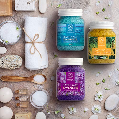 Bath Salts Set 42 Oz - Lavender - Sea Breeze - Ylang-Ylang - 100% Natural Essential Oil - Bathing - Body Care - Beauty - Relaxation - Spa