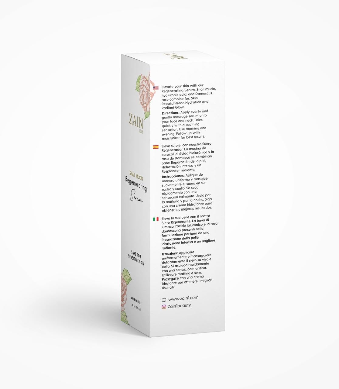 ZAIN1 Snail Mucin Regenerating Face Serum with Hyaluronic Acid and Damascus Rose for Anti-Aging, Hydration and Radiance