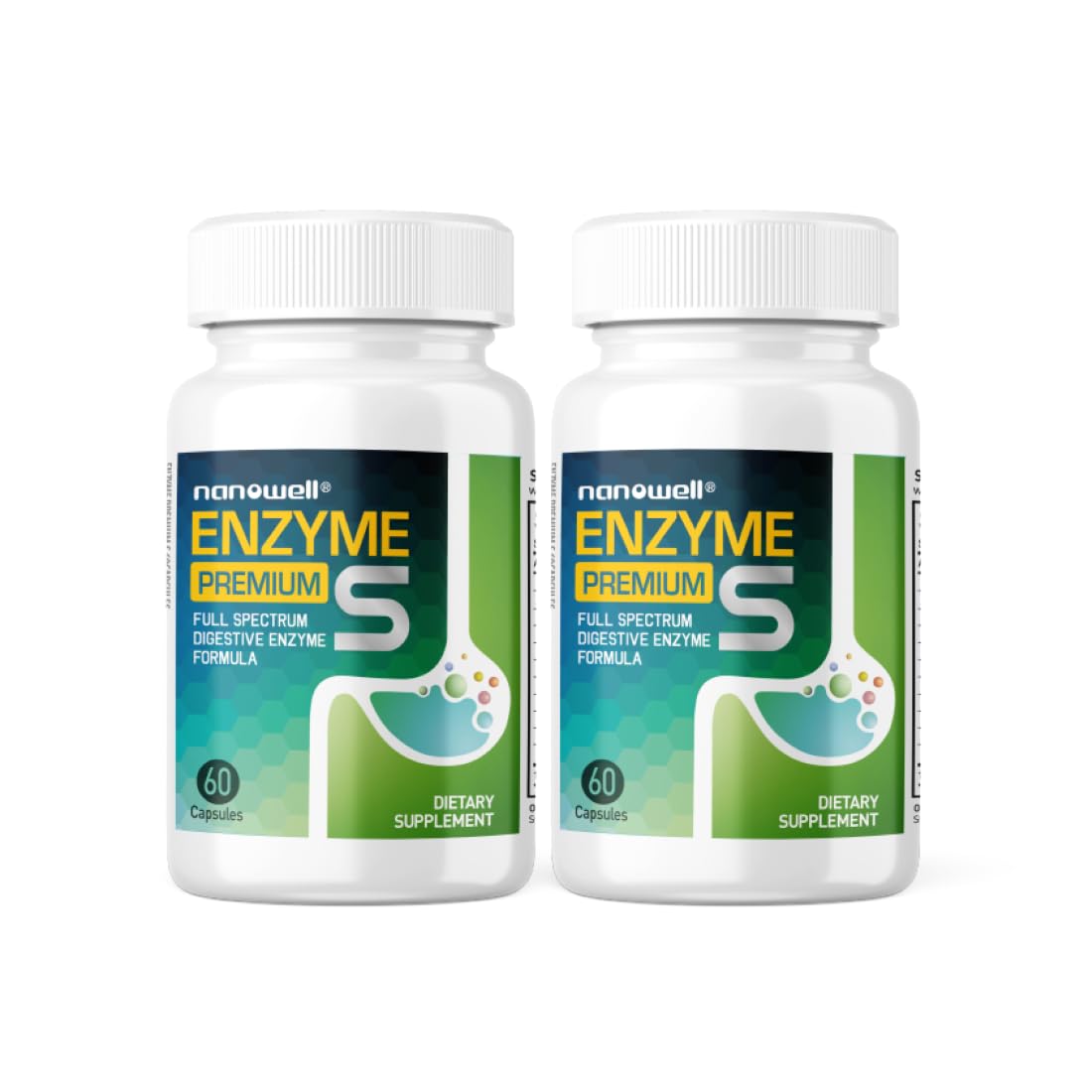 NANOWELL Enzyme Premium S Digestive Health Supplement, Multi Enzymes, Bromelain from Pineapple, Papain from Papaya - 60 Capsules X 2 Bottles (120 Count)