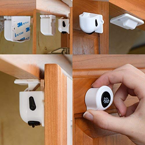 Baby Proof with Invisible Child Safety Locks-Super-Hold Magnetic Cabinet Locks-Easy to Install with 3M Adhesive & Installation Guide-No Drilling-No Damage to Doors or Drawers (4 Locks + 1 Key)