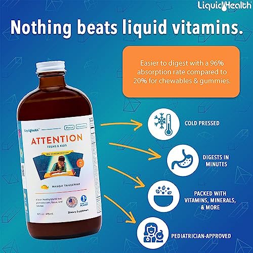 LIQUIDHEALTH Attention, Liquid Multivitamin for Kids & Teens - Improves Memory Retention, Concentration, Focus, Mood, Relaxation & Calming - Great Taste, Vegan, Sugar-Free (2 Pack)