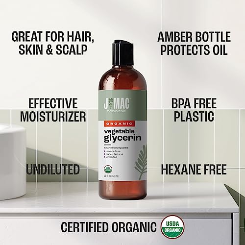 J MAC BOTANICALS, Organic Vegetable Glycerin Oil (16oz bottle) Moisturizing and softening, 100% Pure natural liquid organic glycerine for crafts, skin, face, hair