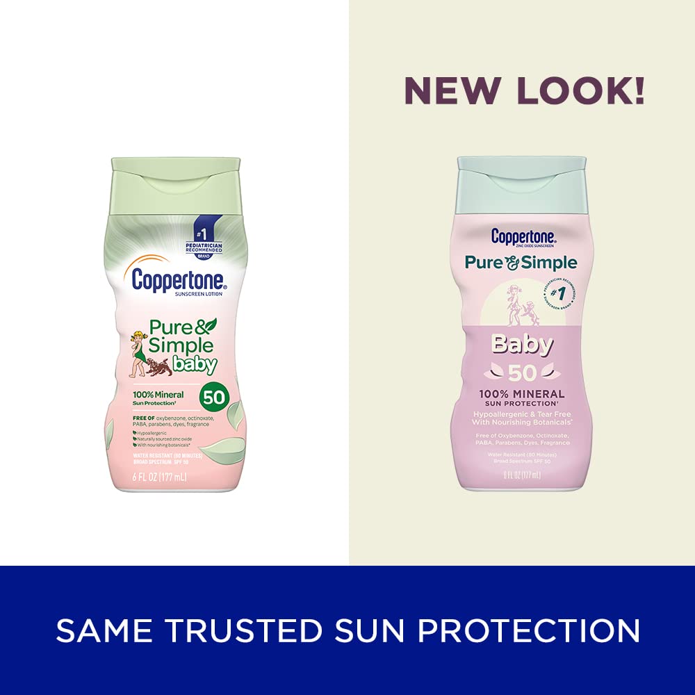 Coppertone Pure and Simple Baby Sunscreen Lotion SPF 50, Broad Spectrum Sunscreen for Baby, 6 Fl Oz Bottle