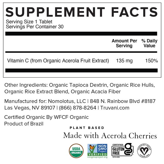 Truvani Vitamin C | USDA Organic | High Absorption, Antioxidant Supplement, Higher Bioavailability Immune System Support | Made with Real Food | 30 Servings