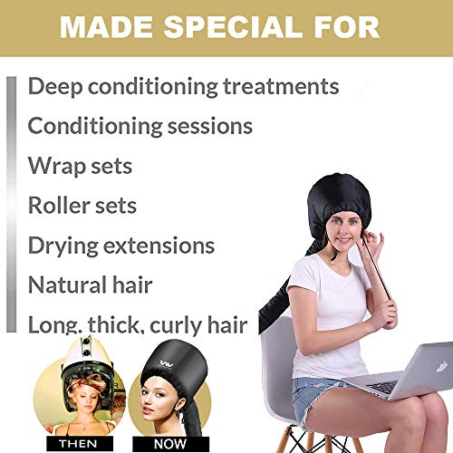Bonnet Hood Hair Dryer Attachment Set - Soft Adjustable Hooded Bonnet for Hand Held Hair Dryer - Including Head Band for Drying Styling Curling Deep Conditioning