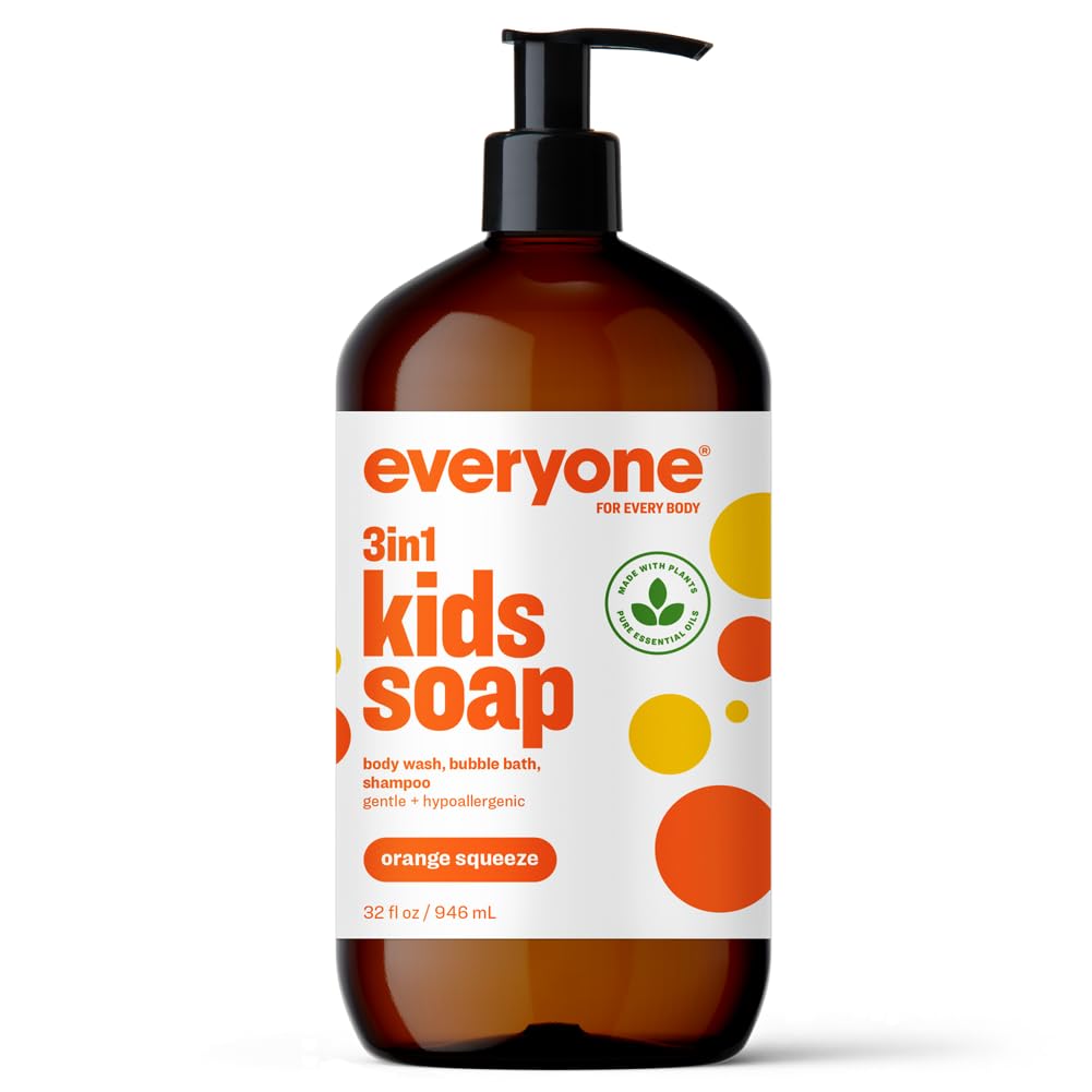 Everyone 3-in-1 Kids Soap, Body Wash, Bubble Bath, Shampoo, 32 Ounce (Pack of 1), Orange Squeeze, Coconut Cleanser with Plant Extracts and Pure Essential Oils