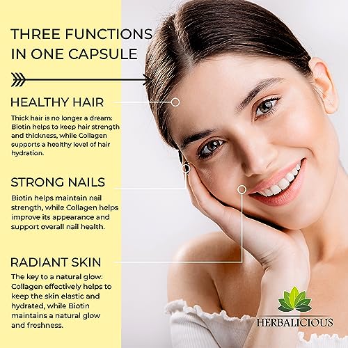 HERBALICIOUS Biotin Vitamins with Collagen, Keratin & Saw Palmetto for Women and Men - Biotin 10000 mcg Hair Skin Nails Supplement for Hair, Skin, and Nails Wellness - Made in USA, 120 Capsules