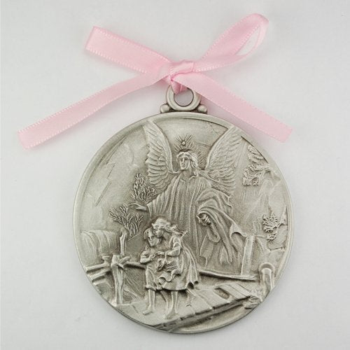 Guardian Angel Crib Medal Pink Ribbon Round 2 3/4 Great Gift great baptism christening gift keepsake gift