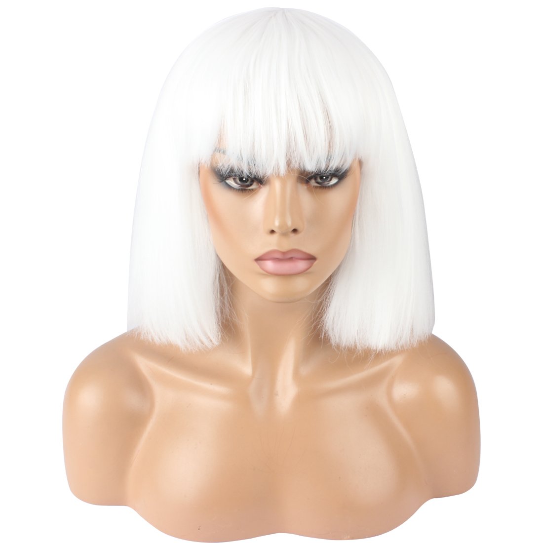 Solid White: Weken Women'S Fashion Wig Short Bob Kinky Straight Full Bangs Synthetic Hairpieces Solid White