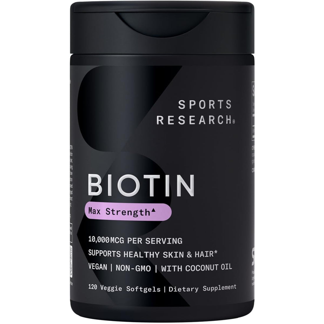 Sports Research Vegan Biotin 10,000mcg with Coconut Oil - Max Strength Biotin Vitamin B7 for Skin and Keratin Support - Non-GMO & Gluten Free, 120 Softgels (4 Month Supply)
