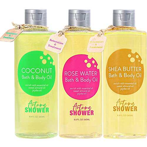 Autumn Shower Bath and Body Oil with Sweet Almond Jojoba, Shea Butter, Rose Water, Coconut Bath Oils Mother's Day Gift for Women, Multiuse Oil for Hair Dry Skin 26.4 fl oz (Pack of 3)