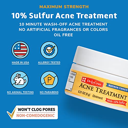 De La Cruz 10% Sulfur Ointment Travel Size - Cystic Acne Treatment for Face and Body - Daily 10 Min Spot Treatment Mask Safe and Effective Game Changing Hormonal Acne Treatment 0.21oz 6g