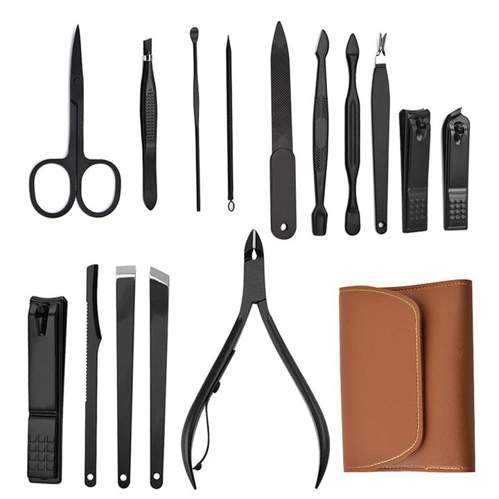 Manicure Pedicure Set 16 Pieces Stainless Steel Nail Clipper Professional Personal Care Tool with Leather Case, Gifts for Men/Women (Brown)