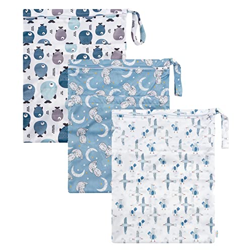 babygoal Wet Dry Bags for Baby Cloth Diapers, Washable Travel Bags, Beach, Pool, Gym Bag for Swimsuits & Wet Clothes with Two Zippered Pockets 3 Pack, 3LN28