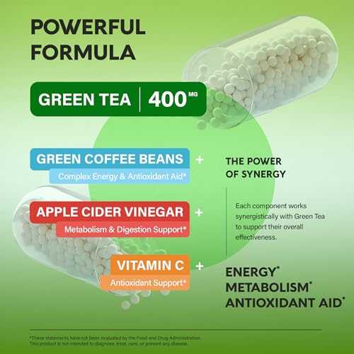Green Tea Extract Capsules with Green Coffee Beans & Apple Cider Vinegar - Energy & Metabolism Support - Green Tea Supplement 50% EGCG - 20:1 Natural Extract - for Men & Women - 120 Vegan Capsules