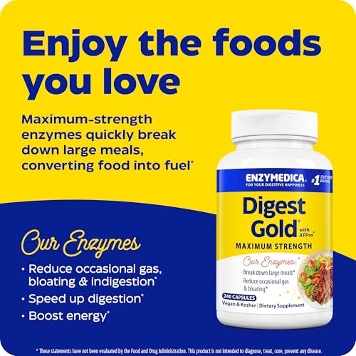 Enzymedica Digest Gold + ATPro, Maximum Strength Enzyme Formula, Prevents Bloating and Gas, 14 Key Enzymes Including Amylase, Protease, Lipase and Lactase, 240 Capsules