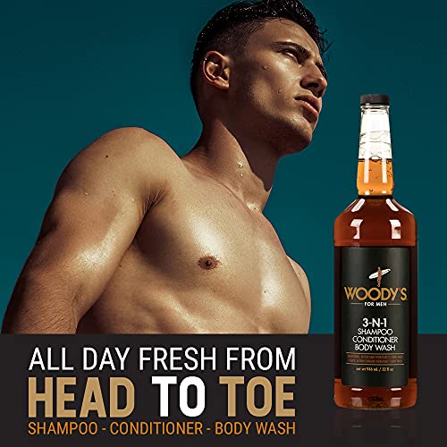 Woody's 3 in 1 Body Wash for Men - Shampoo, Conditioner, & Body Wash, Multipurpose Cleanser With Marine Extracts, Cucumber Fruit Extract, and Aloe Vera - 32 Fl Oz