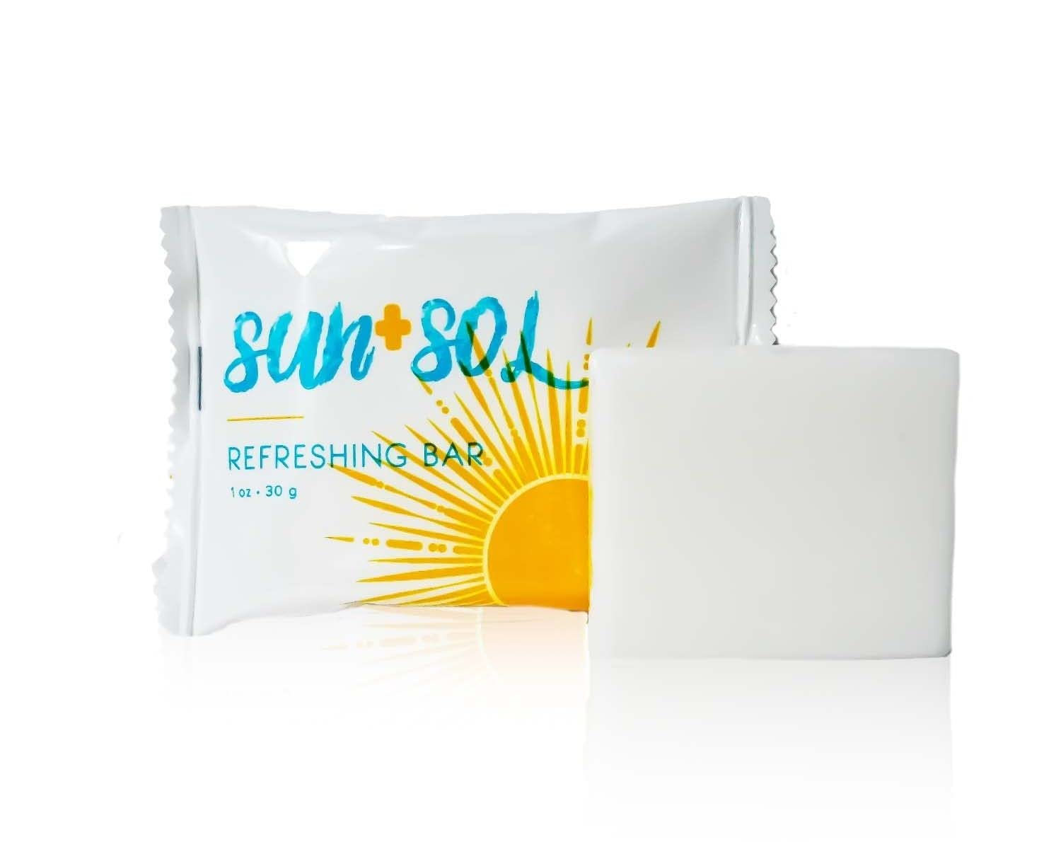 Sun + Sol Bulk Refreshing Soap Bar With Warm Coconut & Vanilla Fragrances, Sachet Wrapped Travel Size Toiletries, Mini Hotel Amenities, 1 oz, 100 Count