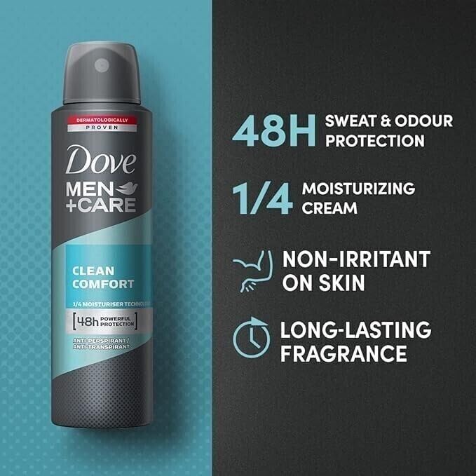 Dove Men+Care Antiperspirant Dry Spray Deodorant for Men Clean Comfort 48 Hour Sweat and Body Odor Protection 3.8 oz 3 Count