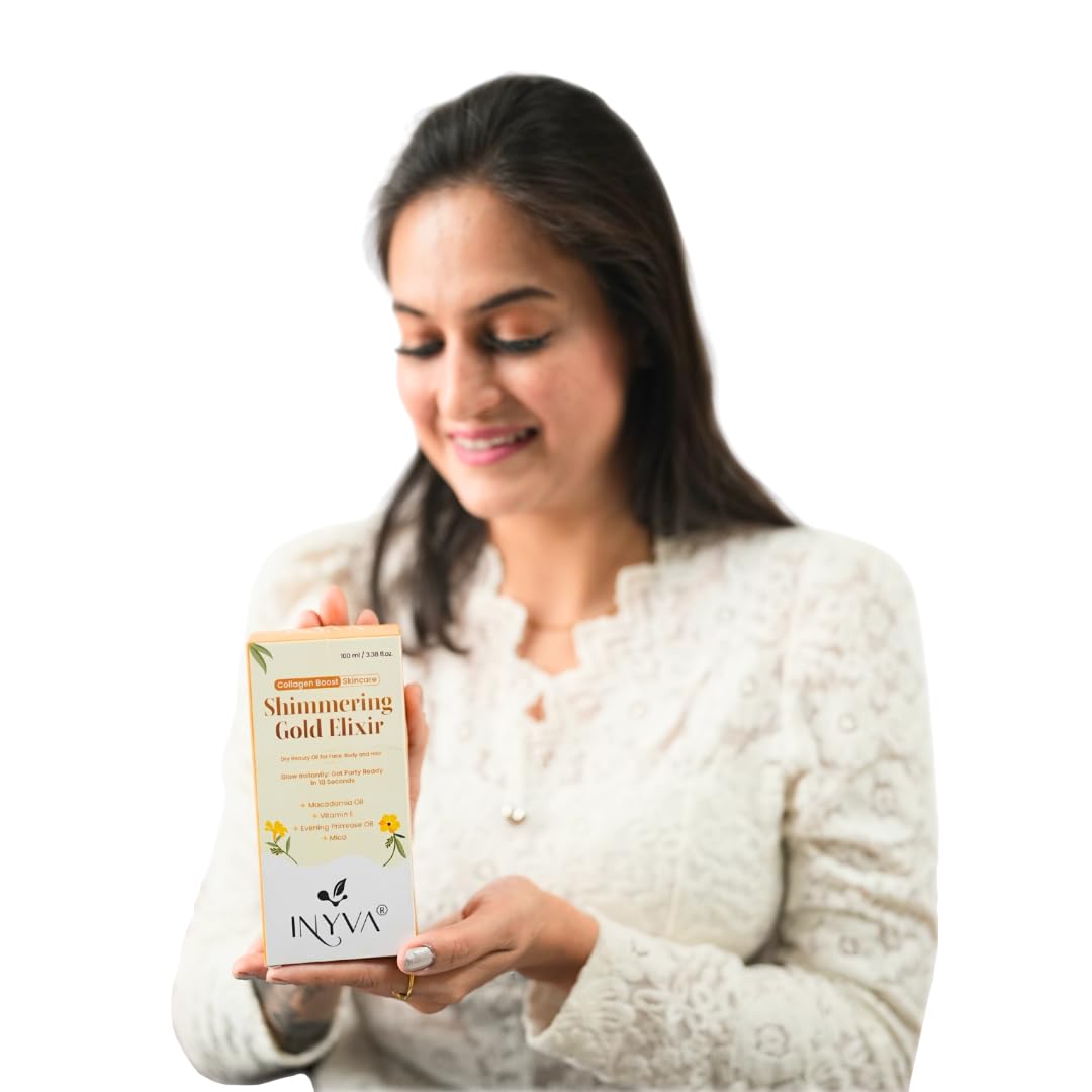 INYVA Shimmering Elixir Gold Dry Oil for Face, Body & Skin | Radiant Glow in 10 Seconds | Nourishes with Macadamia, Aloe Vera & Grapeseed Oils 3.38 Oz