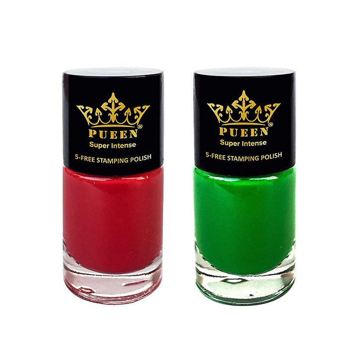PUEEN Happy Holiday Stamping Polish Collection Set Big 5-Free Formula Nail Color Lacquer (816 - So Red + 815 - Amazon Moss) - BH000873