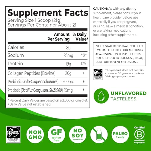 Orgain Hydrolyzed Collagen Peptides + Prebiotic & Probiotics Powder for Women & Men, 20g Grass Fed Collagen, 1 Billion CFU - Supports Digestive, Hair, Skin & Joint Health, Non-GMO, Type I & III, 1lb