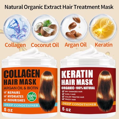 2 Pack Collagen Hair Mask & Keratin Hair Mask,Keratin Hair Treatment,Hydrating Argan Oil Hair Repair Treatment Deep Conditioner Hair Mask for Dry Hair,Collagen with Biotin Hair Treatment Mask