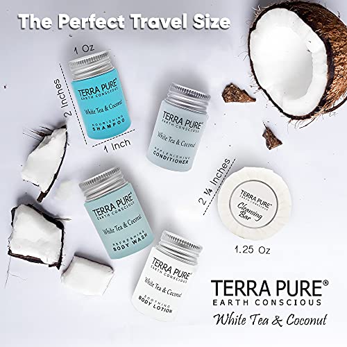 Terra Pure White Tea & Coconut Toiletries Set | 1-Shoppe Amenities Kit | 1oz Shampoo & Conditioner, Body Wash, Lotion, 1.25oz Bar Soap | Travel Size | 300 Pieces