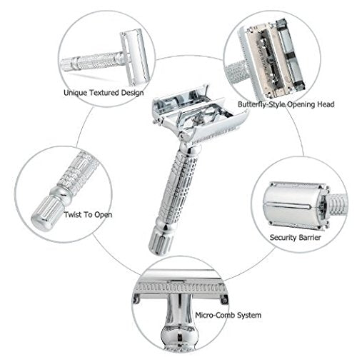Double Edge Razor by Bigfoot Shaves + 10 Swedish Stainless Steel Safety Razor Blades, Heavy Duty, Best Gift for Men - On Sale Now!