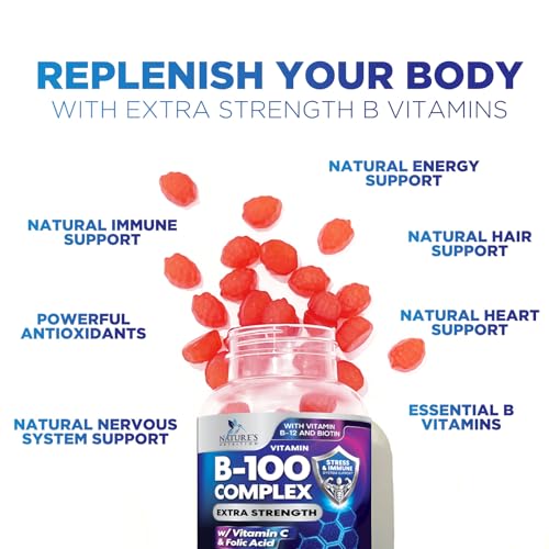 Super B Complex Gummy with Vitamin C & Folic Acid, Extra Strength Vitamin B Gummies Supplement with Niacin, B6, Folic Acid, B12, Biotin, Nature's Energy Immune Support Supplements - 120 Gummies