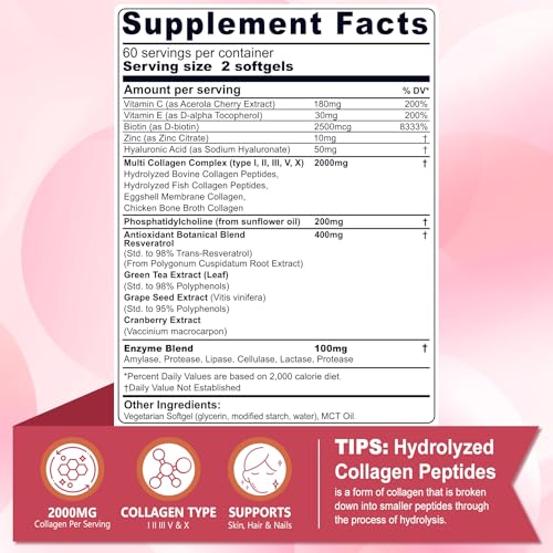 Hydrolyzed Collagen Peptides Pills for Women 2000mg Liposomal Form Type I, II, III, V, X for Optimal Absorption, Multi Collagen Softgels, Collagen Supplements with Hair, Skin & Nails Vitamins 120 Cts