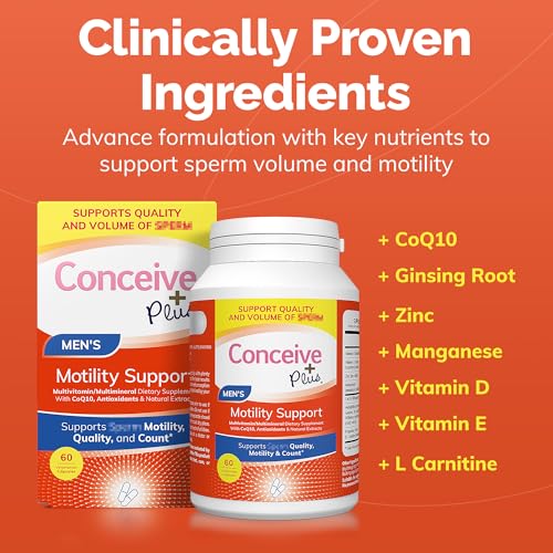 CONCEIVE PLUS Motility Boost for Men - Sperm Count Booster with Vitamin D, Vitamin E, Zinc, Spermidine, Antioxidants - Sperm Count, Sperm Motility - Multivitamin Supplement for Men Sperm - 60 Caps